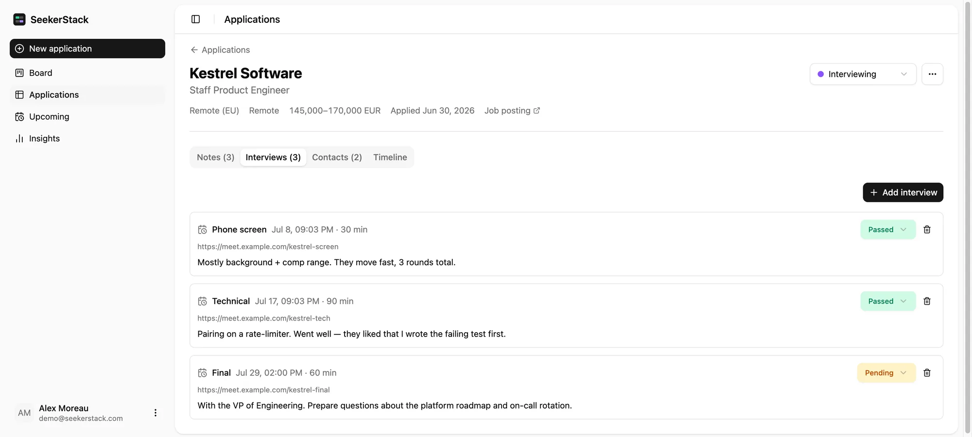 An application page for a Staff Product Engineer role, showing three interview rounds — phone screen and technical marked Passed, a final round still Pending — each with a date, duration, meeting link and notes.